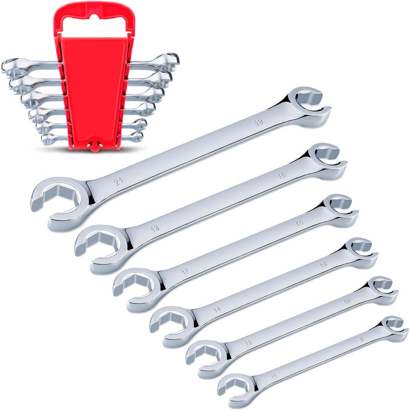 EFFICERE 6-Piece Double-End Metric Flare Nut Wrench Set with Rack, Size 9, 10, 11, 12, 13, 14, 15, 16, 17, 18, 19, 21mm | Cr-V Steel, 6-Point Head, Best Line Wrench for Fuel, Brake, Air Conditioning - Image 1